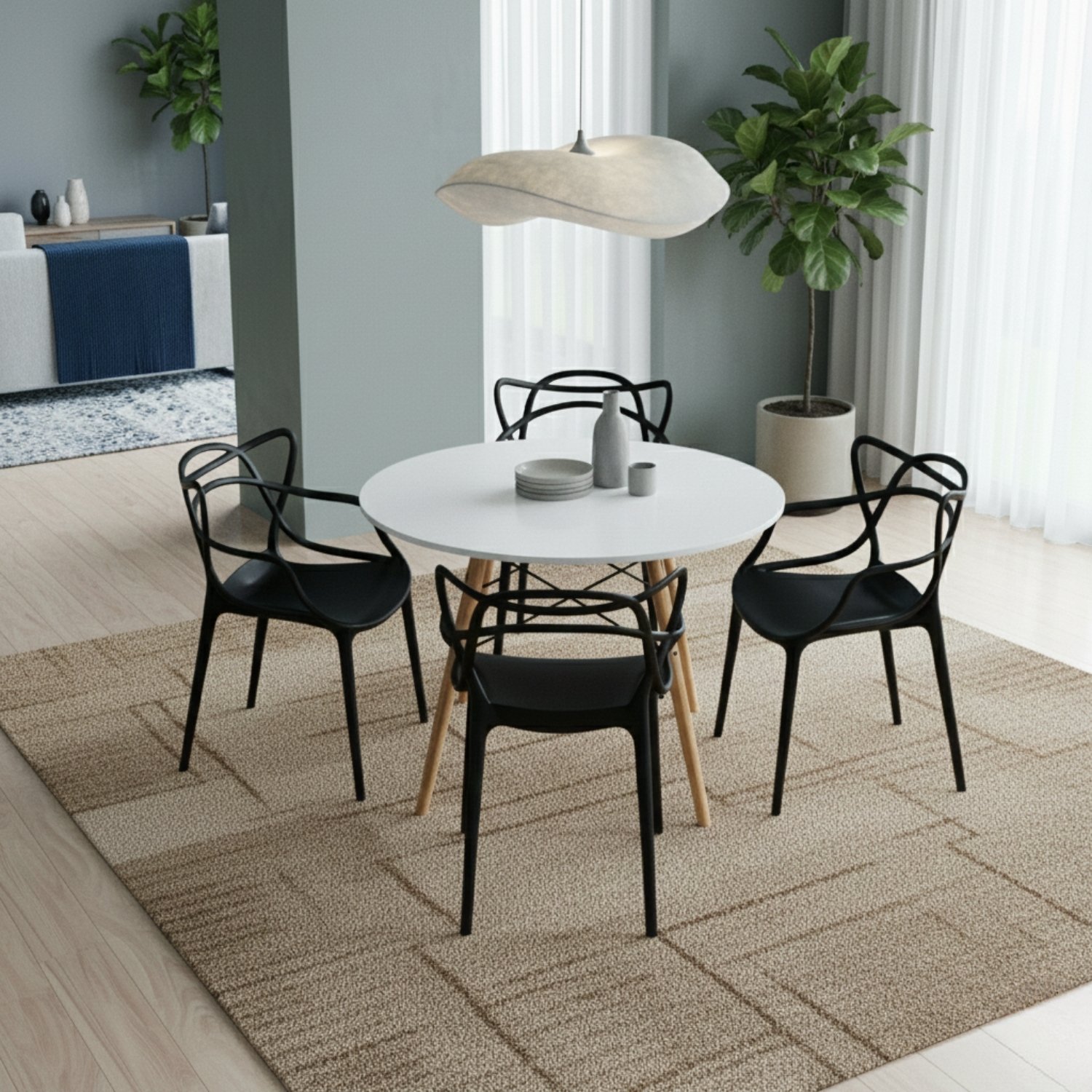Entre Nos Home Comedor Raíz 4 Puestos | Mesa Redonda Blanca 90 cm y Sillas Negras