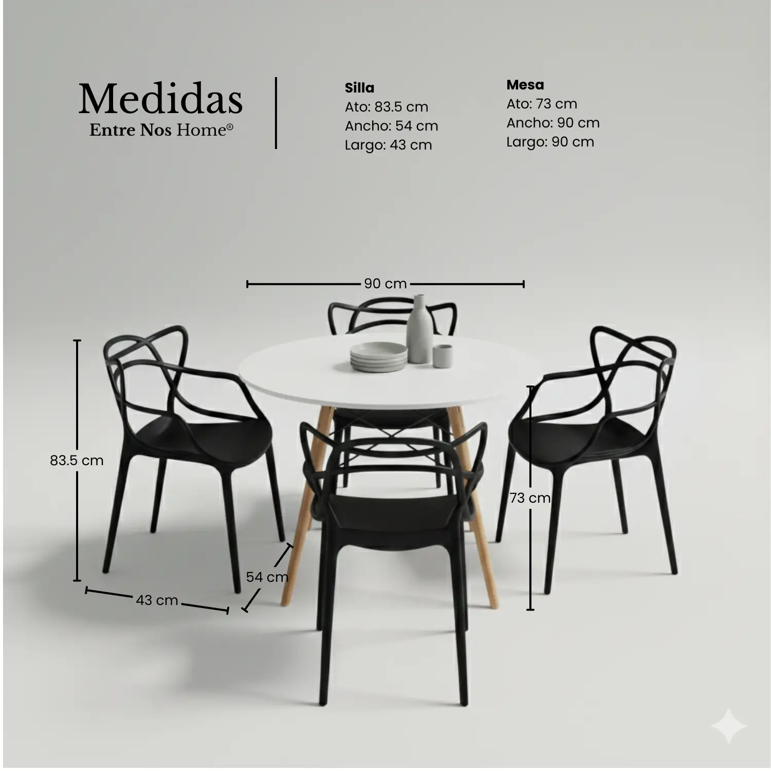 Entre Nos Home Comedor Raíz 4 Puestos | Mesa Redonda Blanca 90 cm y Sillas Negras - Image 4