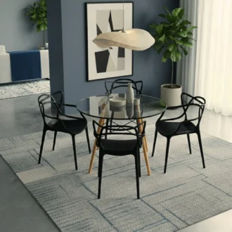 Comedor Raíz 4 Puestos Negro | Mesa Redonda Vidrio Templado 90 cm