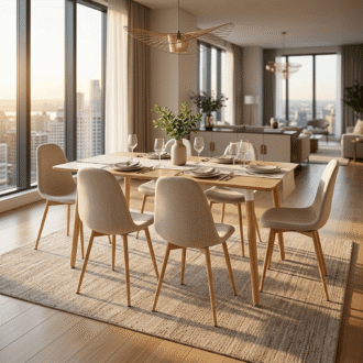 Comedor Lía 6 Puestos Beige | Mesa Rectangular Madera 140 cm