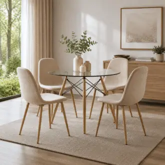 Comedor Lía 4 Puestos Beige | Mesa Redonda Vidrio Templado 90 cm