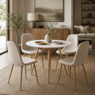 Comedor Lía 4 Puestos Beige | Mesa Redonda Blanca 90 cm y Sillas Lino