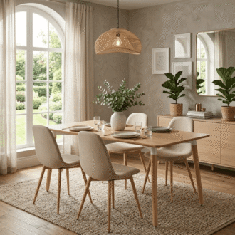 Comedor Lía 4 Puestos Beige | Mesa Rectangular Madera 140 cm