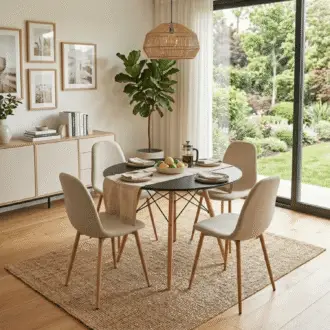 Comedor Lía 4 Puestos Beige | Mesa Redonda Negra 90 cm y Sillas Lino