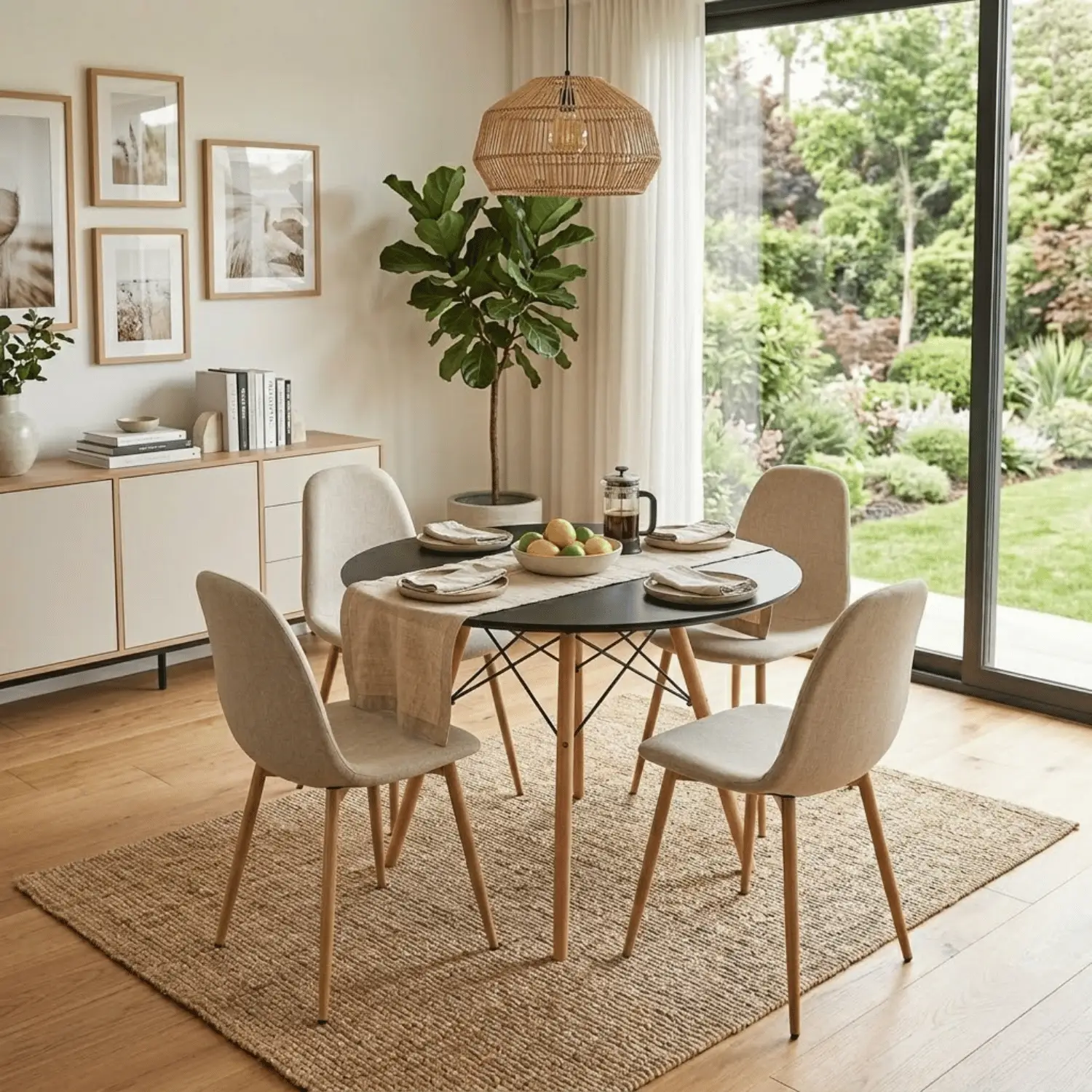 Entre Nos Home Comedor Lía 4 Puestos Beige | Mesa Redonda Negra 90 cm y Sillas Lino