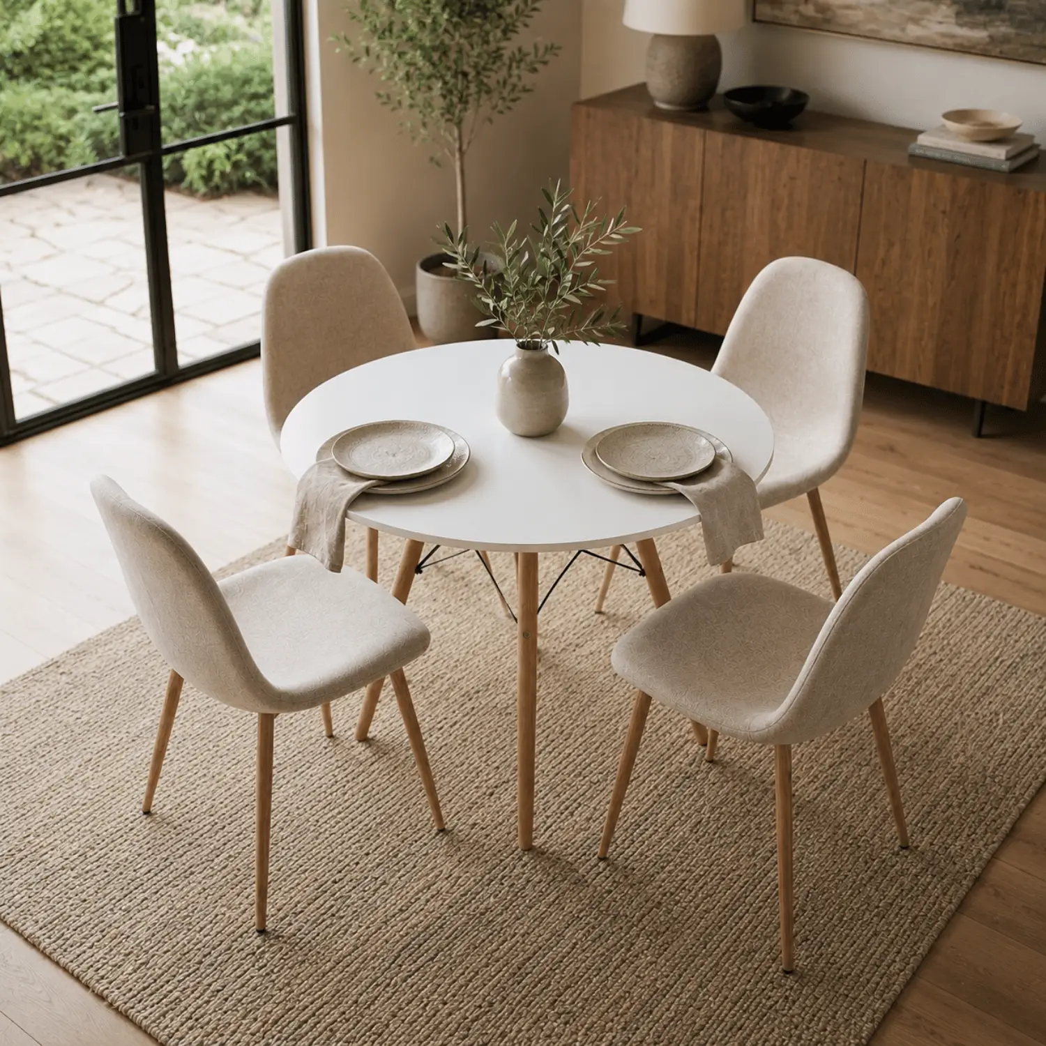 Entre Nos Home Comedor Lía 4 Puestos Beige | Mesa Redonda Blanca 90 cm y Sillas Lino - Image 2