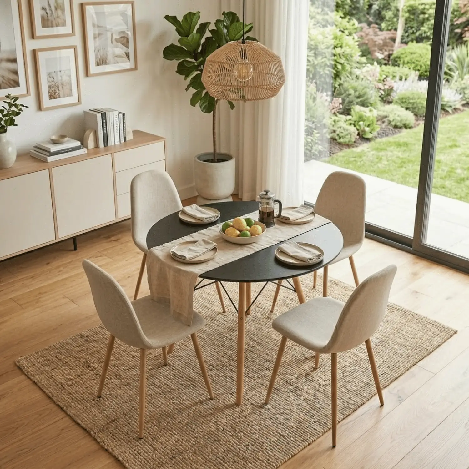 Entre Nos Home Comedor Lía 4 Puestos Beige | Mesa Redonda Negra 90 cm y Sillas Lino - Image 2