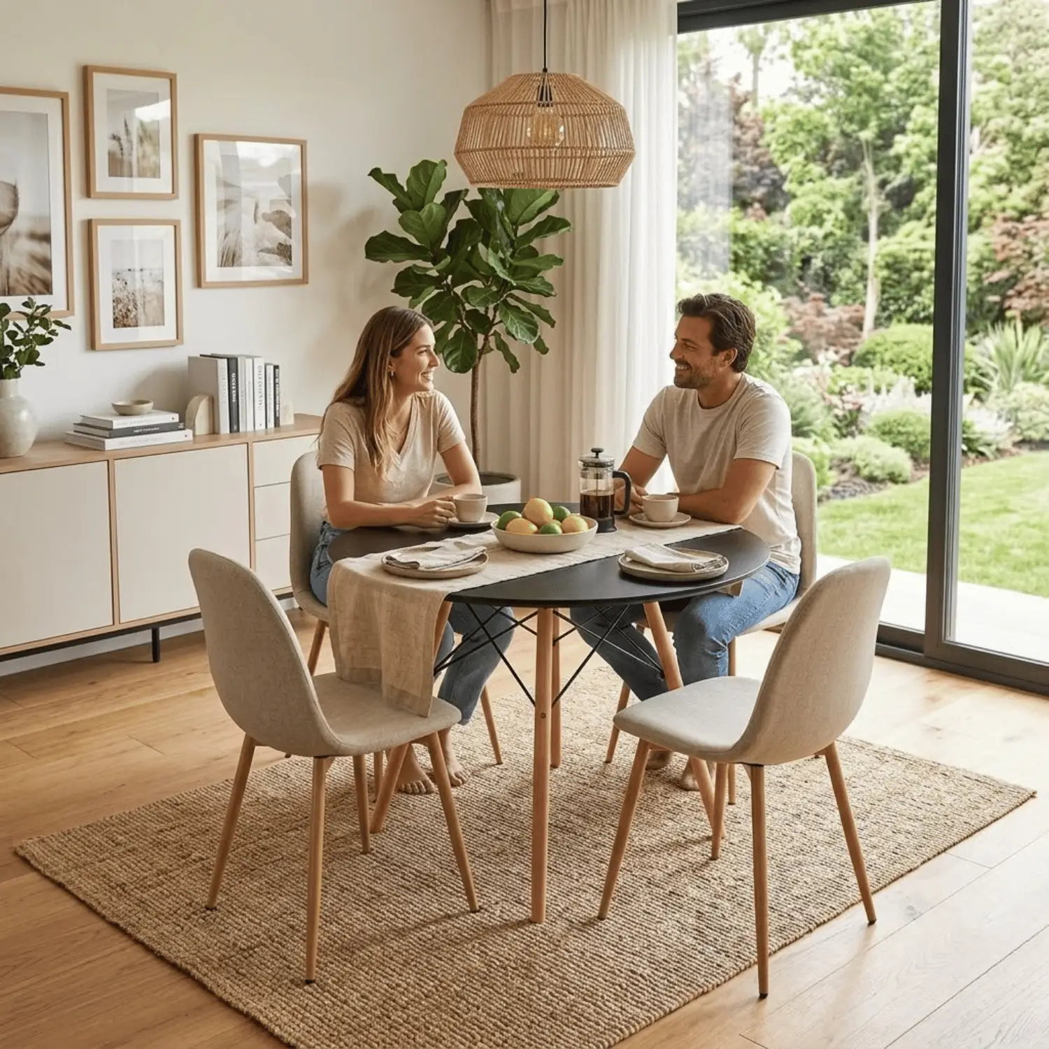 Entre Nos Home Comedor Lía 4 Puestos Beige | Mesa Redonda Negra 90 cm y Sillas Lino - Image 3