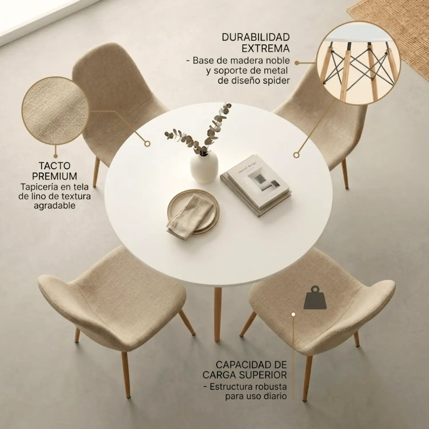 Entre Nos Home Comedor Lía 4 Puestos Beige | Mesa Redonda Blanca 90 cm y Sillas Lino - Image 4