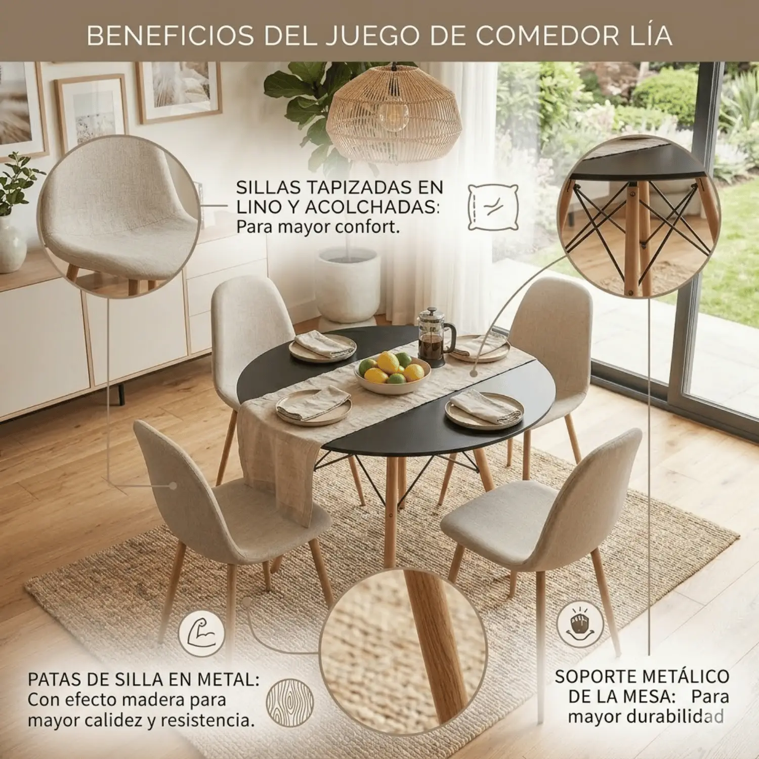 Entre Nos Home Comedor Lía 4 Puestos Beige | Mesa Redonda Negra 90 cm y Sillas Lino - Image 4