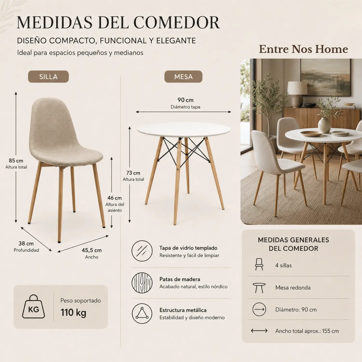 Entre Nos Home Comedor Lía 4 Puestos Beige | Mesa Redonda Blanca 90 cm y Sillas Lino - Image 5