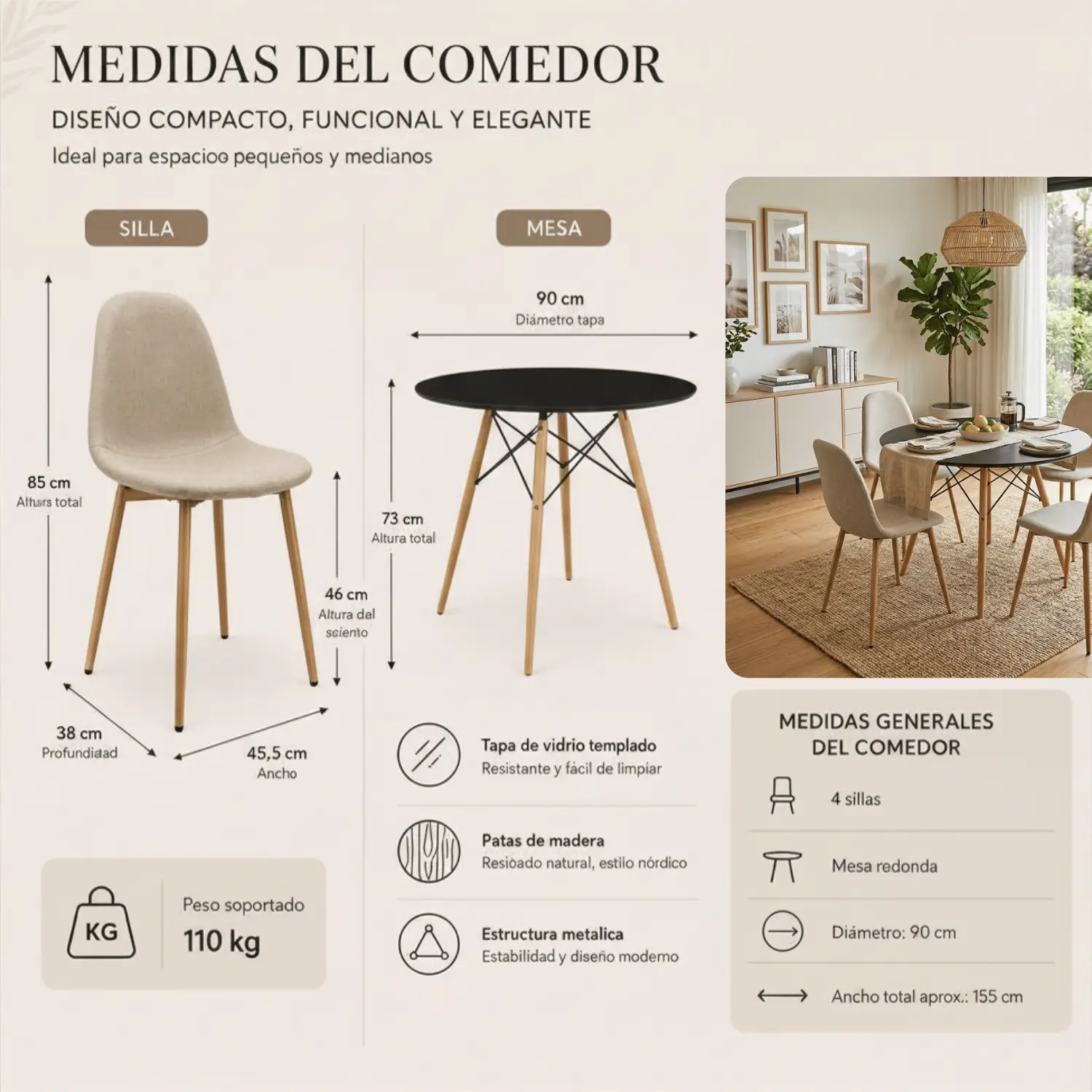 Entre Nos Home Comedor Lía 4 Puestos Beige | Mesa Redonda Negra 90 cm y Sillas Lino - Image 5