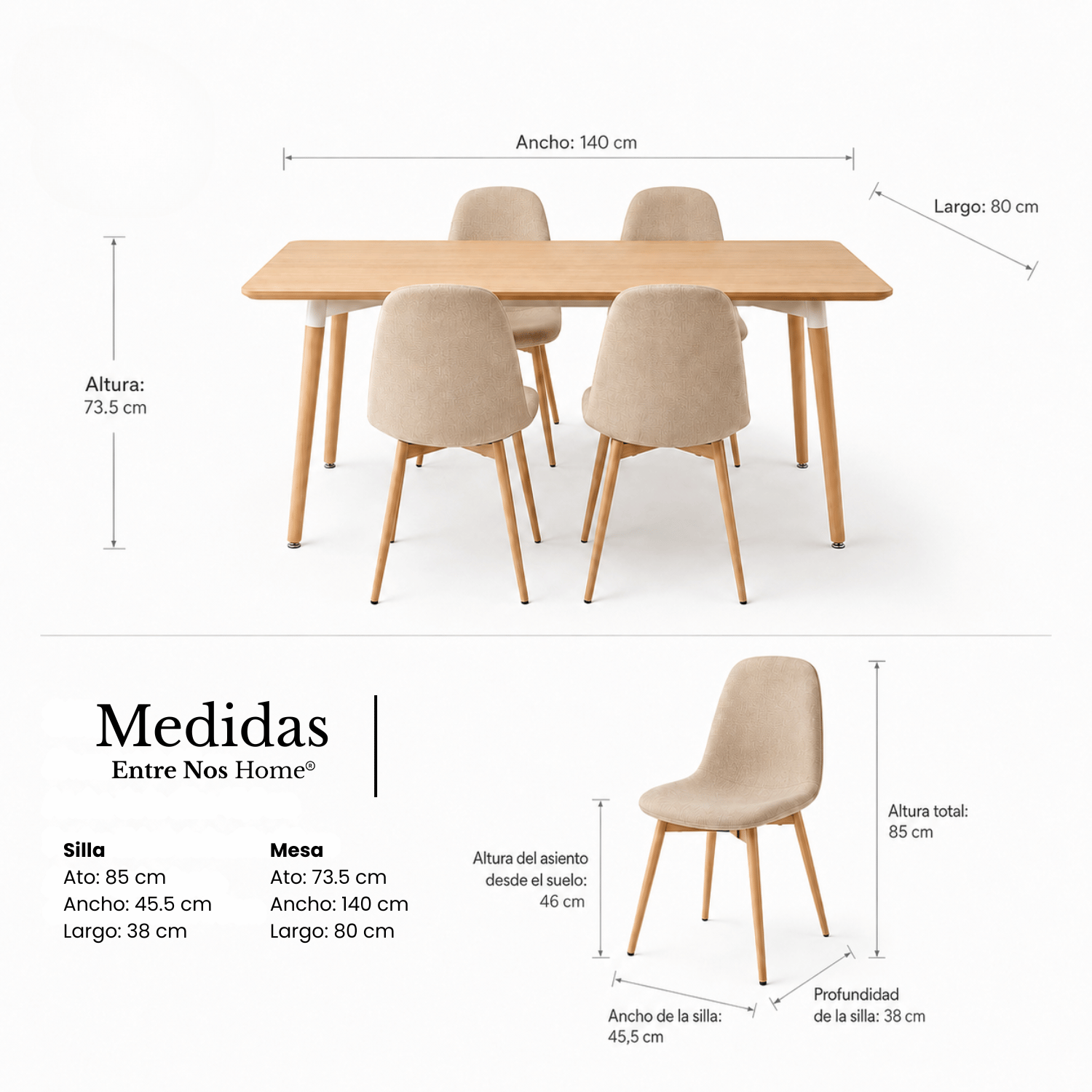 Entre Nos Home Comedor Lía 4 Puestos Beige | Mesa Rectangular Madera 140 cm - Image 5