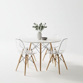 Comedor Alma 4 Puestos Transparente | Mesa Redonda Blanca 90 cm y Arce