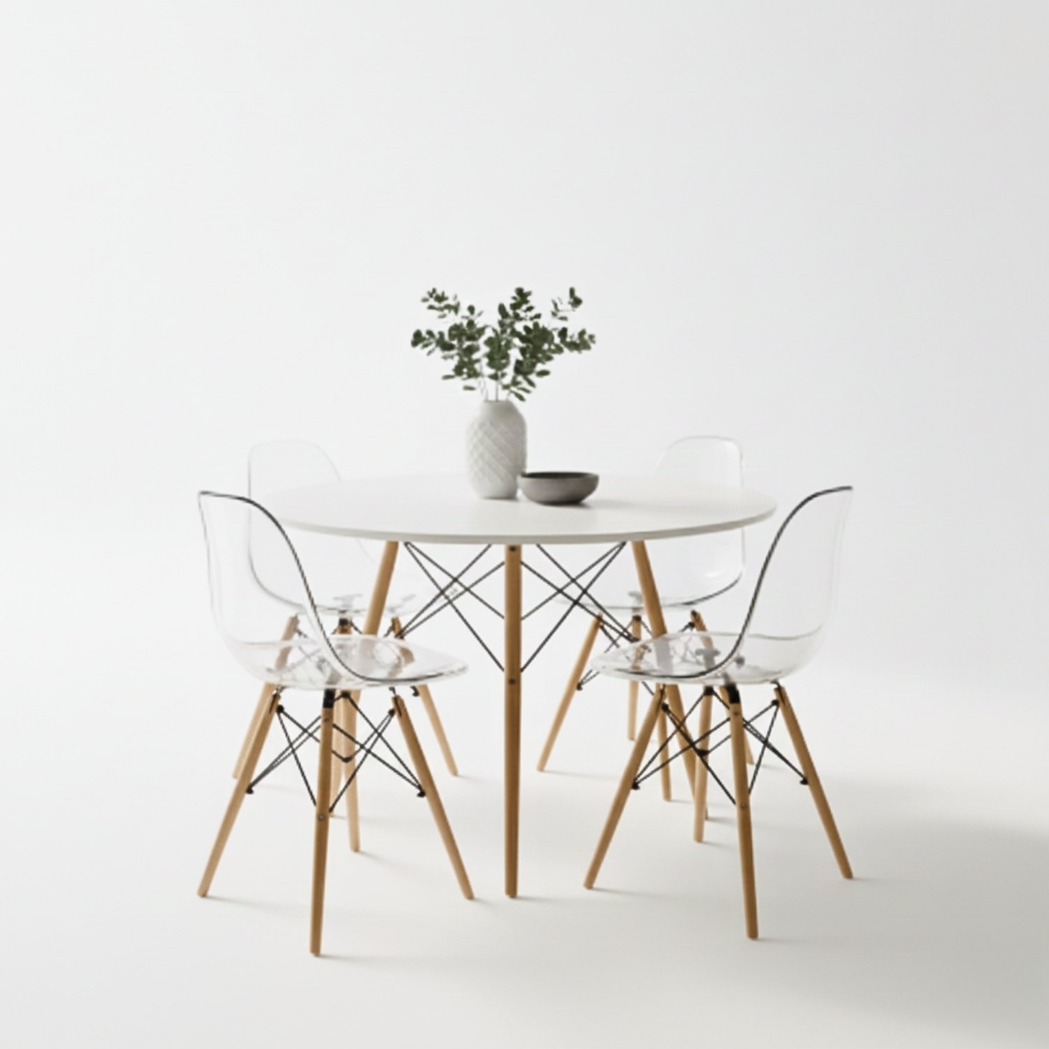Entre Nos Home Comedor Alma 4 Puestos Transparente | Mesa Redonda Blanca 90 cm y Arce