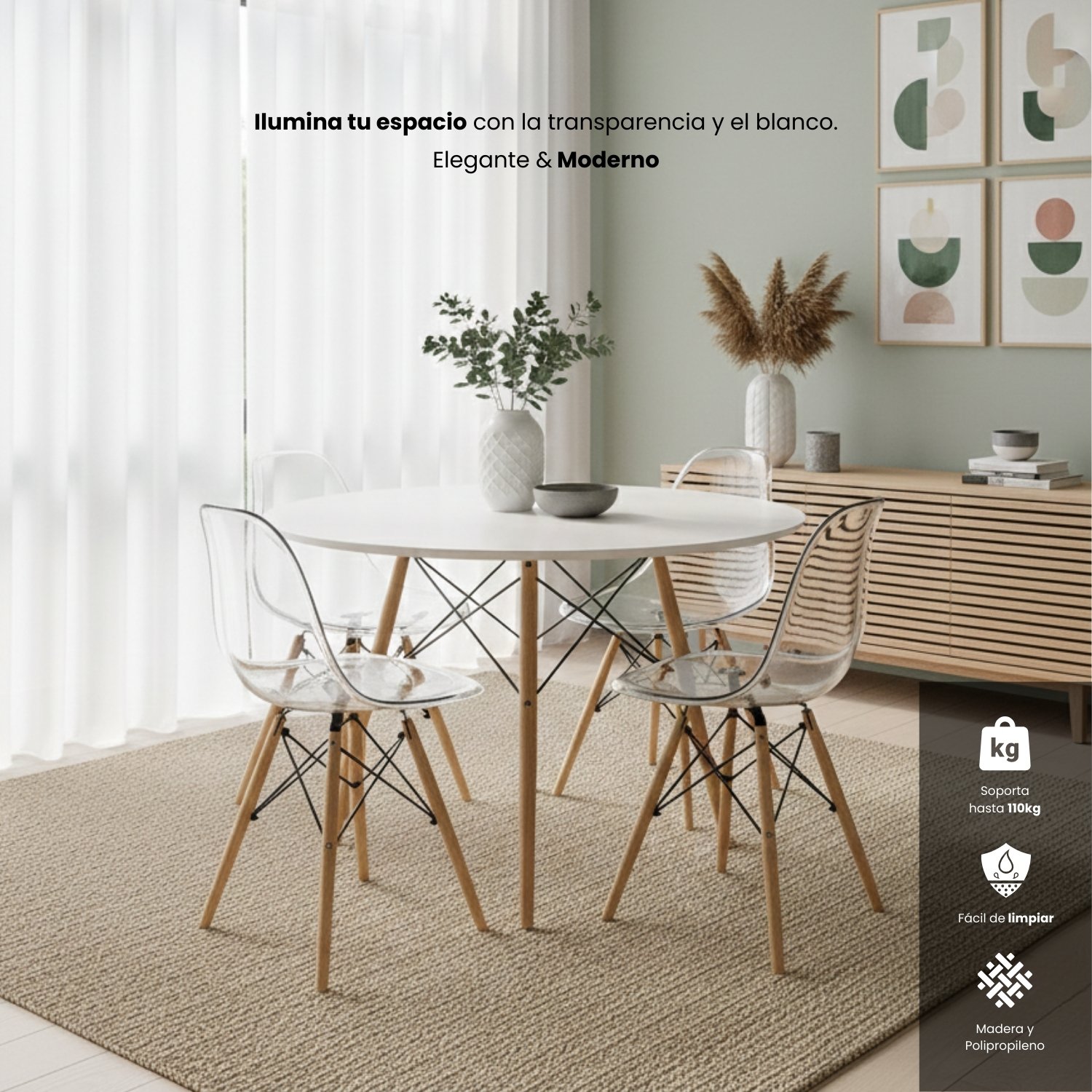 Entre Nos Home Comedor Alma 4 Puestos Transparente | Mesa Redonda Blanca 90 cm y Arce - Image 2