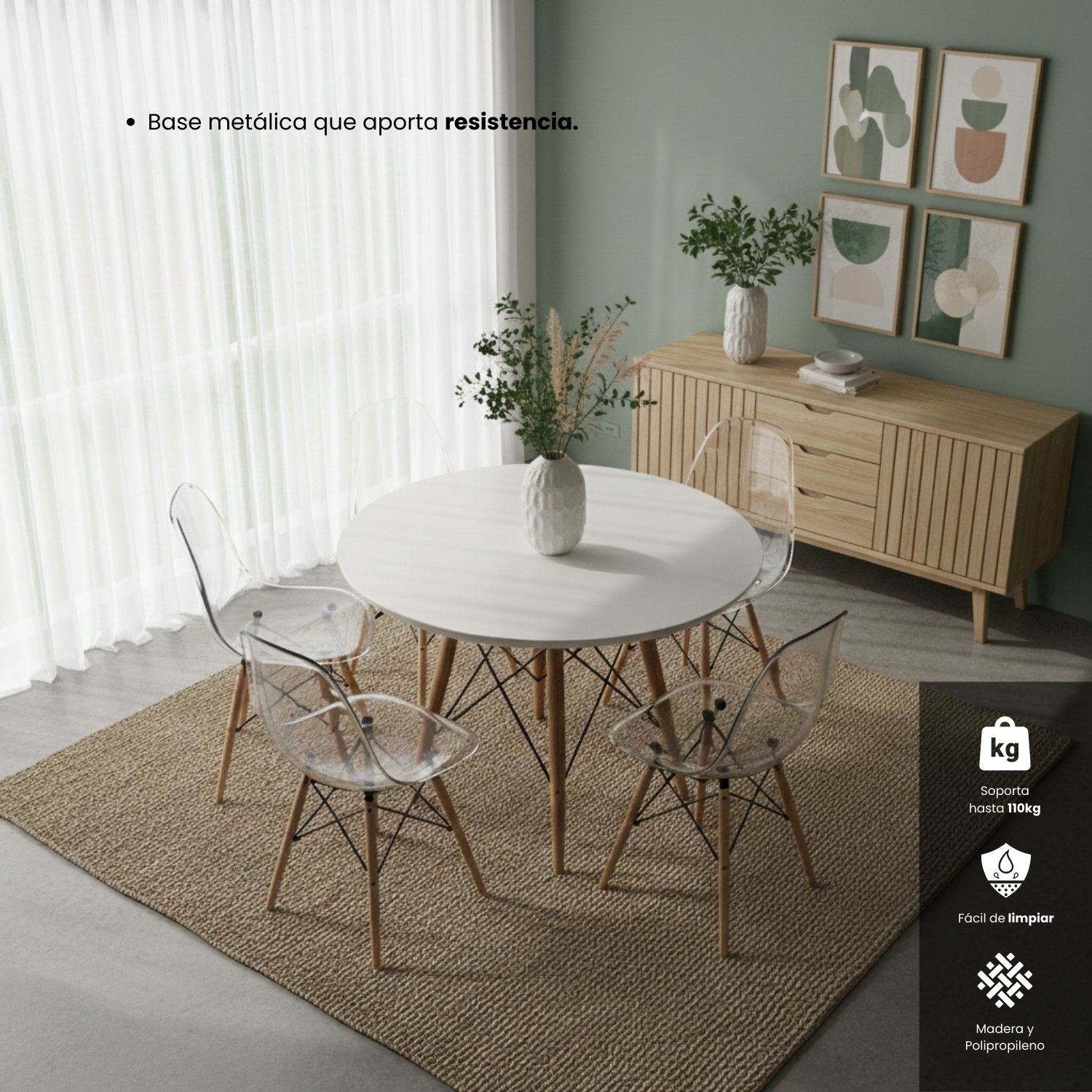 Entre Nos Home Comedor Alma 4 Puestos Transparente | Mesa Redonda Blanca 90 cm y Arce - Image 3