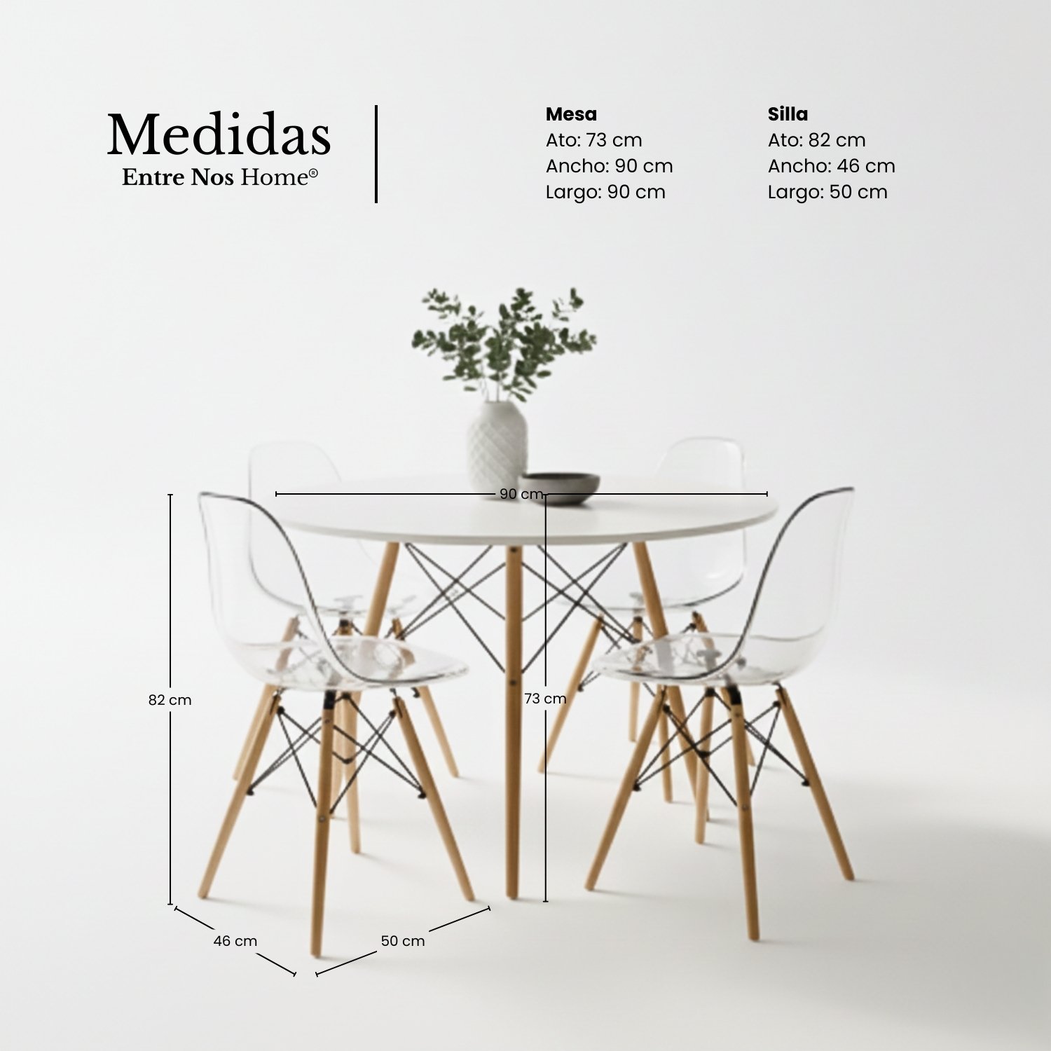 Entre Nos Home Comedor Alma 4 Puestos Transparente | Mesa Redonda Blanca 90 cm y Arce - Image 6