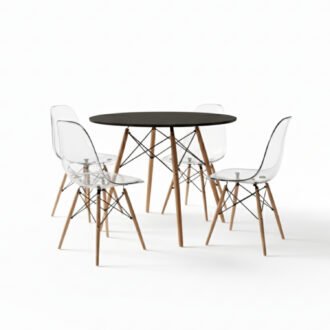 Comedor Alma 4 Puestos Transparente | Mesa Redonda Negra 90 cm y Arce