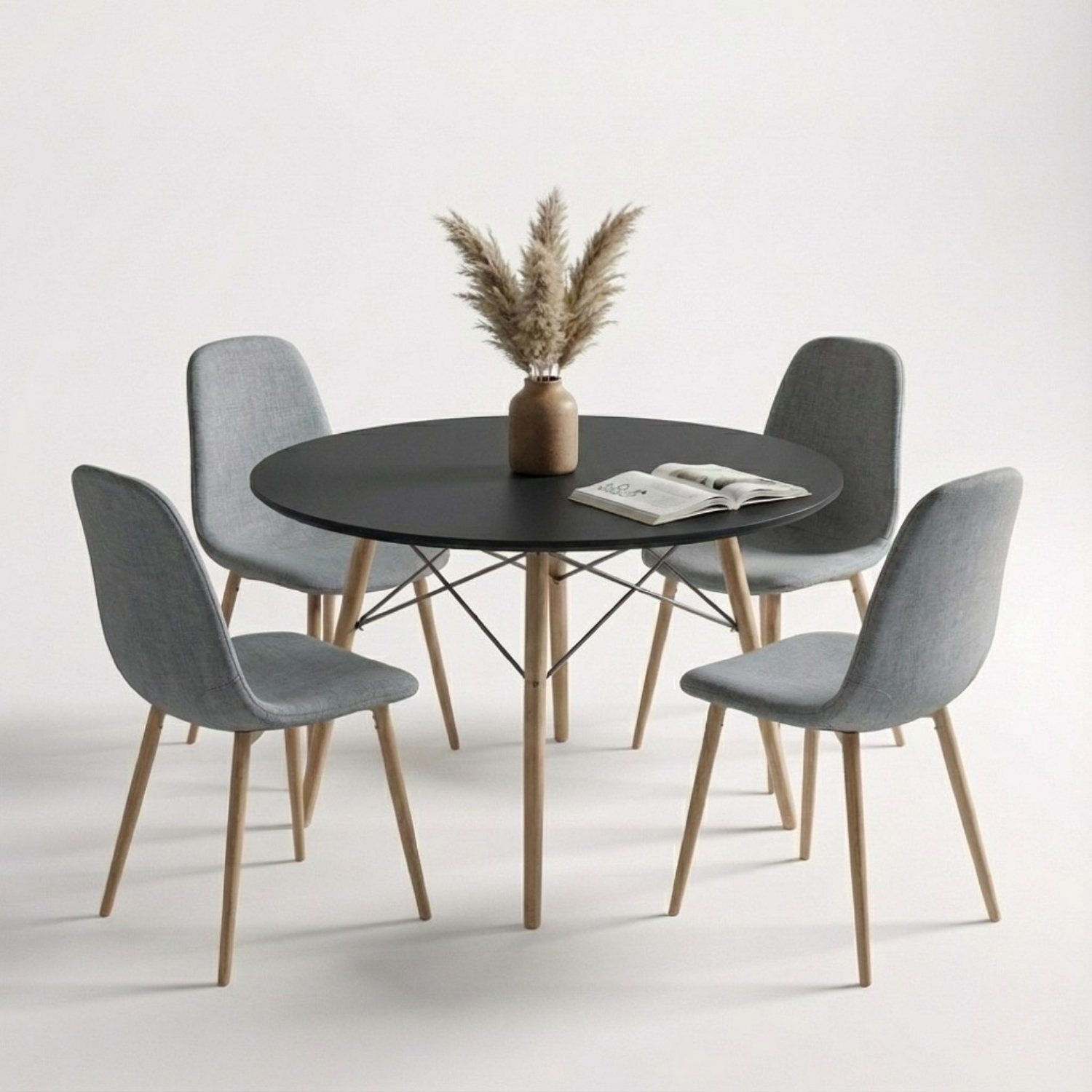 Entre Nos Home Comedor Lía 4 Puestos Gris | Mesa Redonda Negra 90 cm y Lino - Image 6