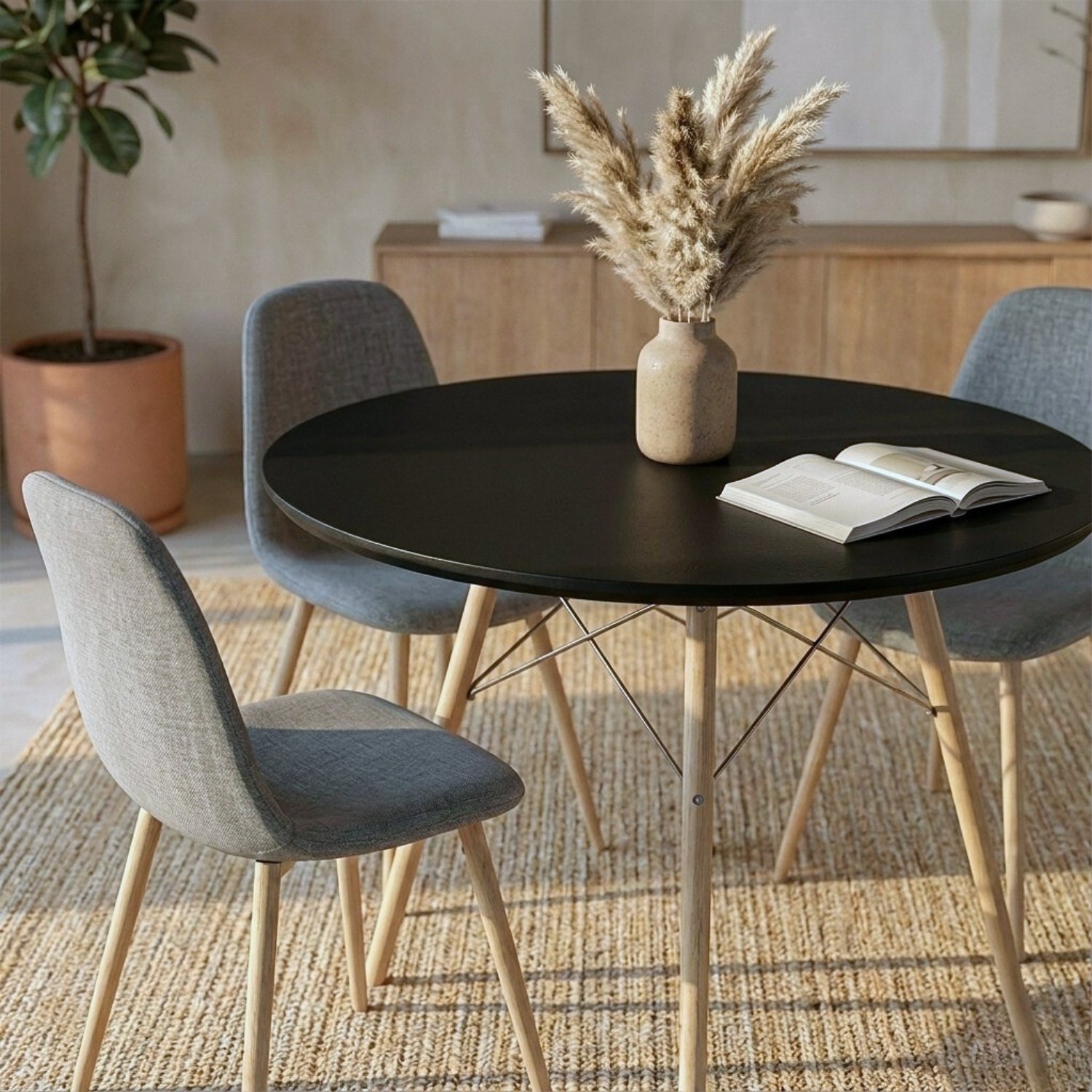 Entre Nos Home Comedor Lía 4 Puestos Gris | Mesa Redonda Negra 90 cm y Lino - Image 3
