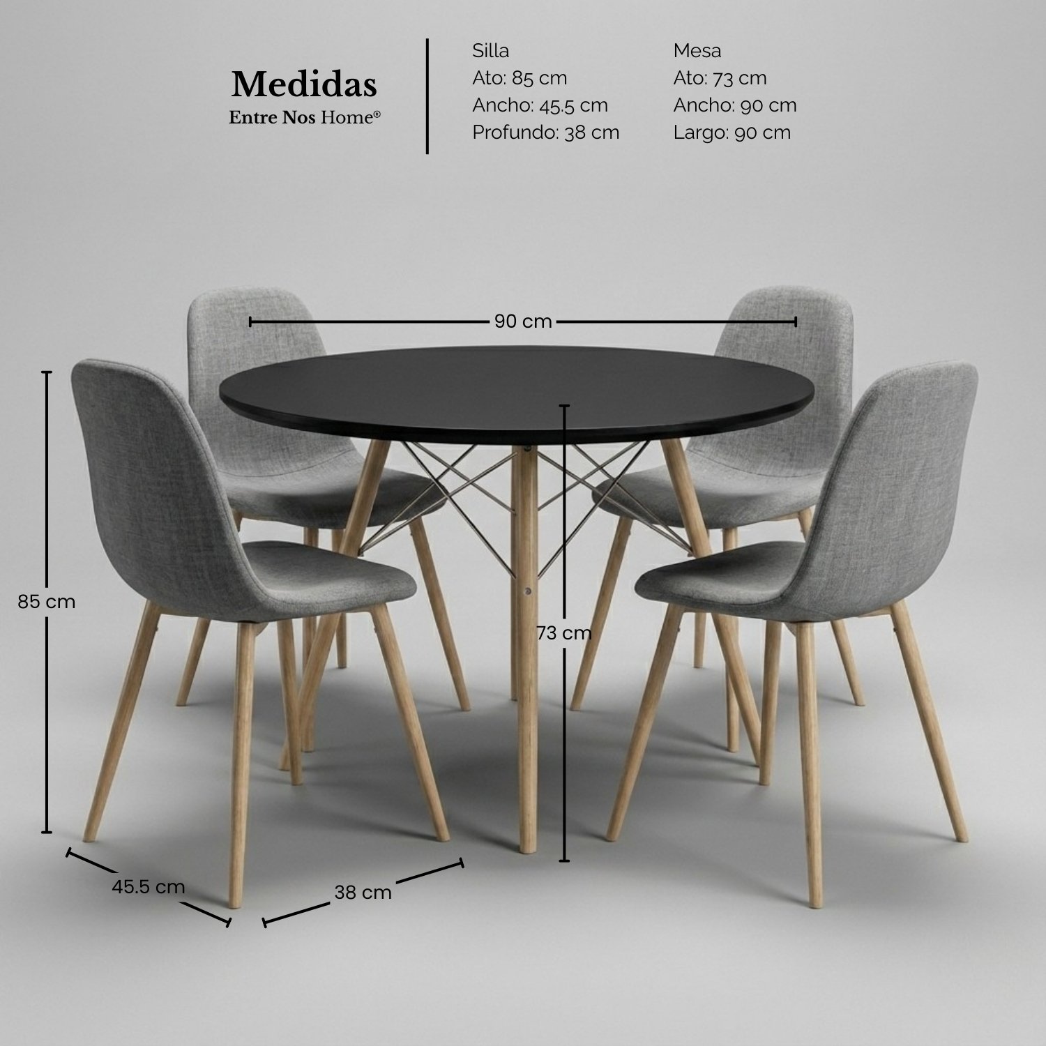 Entre Nos Home Comedor Lía 4 Puestos Gris | Mesa Redonda Negra 90 cm y Lino - Image 5