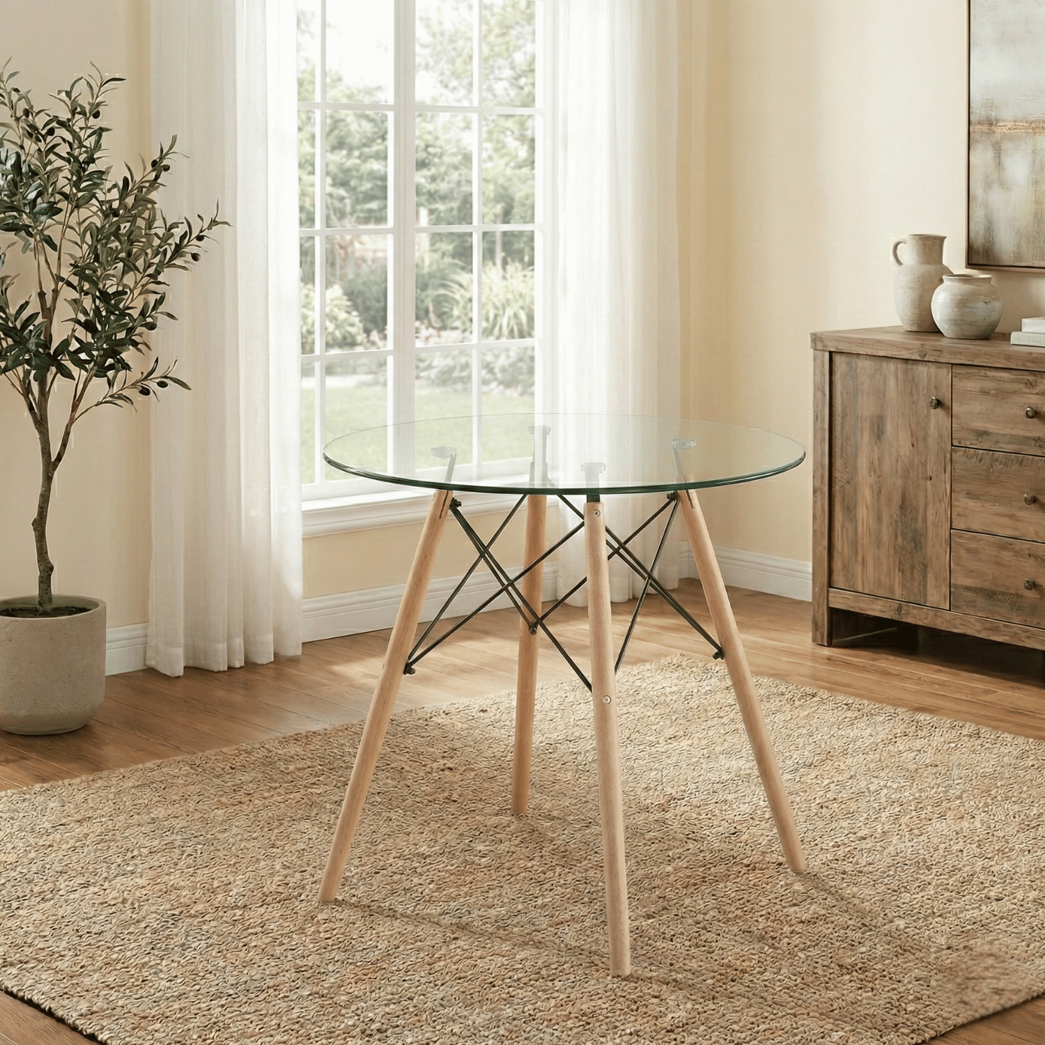 Entre Nos Home Mesa Redonda Clásica 80 Vidrio | Cristal Templado y Madera de Arce