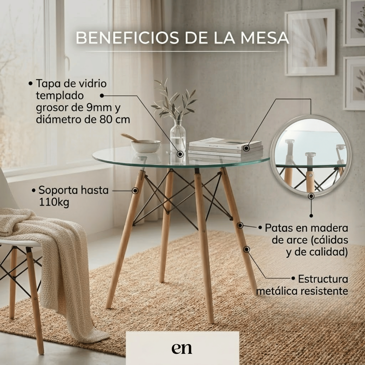 Entre Nos Home Mesa Redonda Clásica 80 Vidrio | Cristal Templado y Madera de Arce - Image 4
