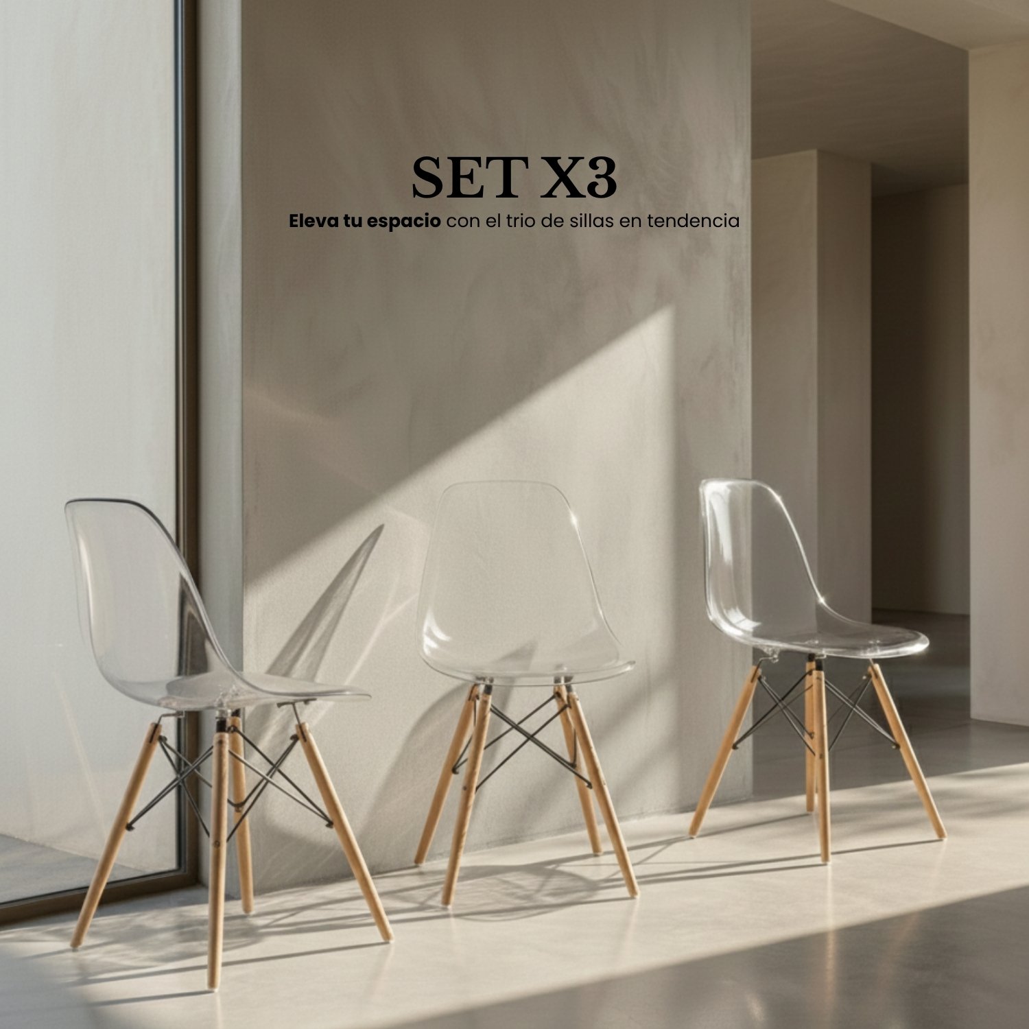 Entre Nos Home Set de 3 Sillas Alma Transparentes | Policarbonato y Madera Arce - Image 2