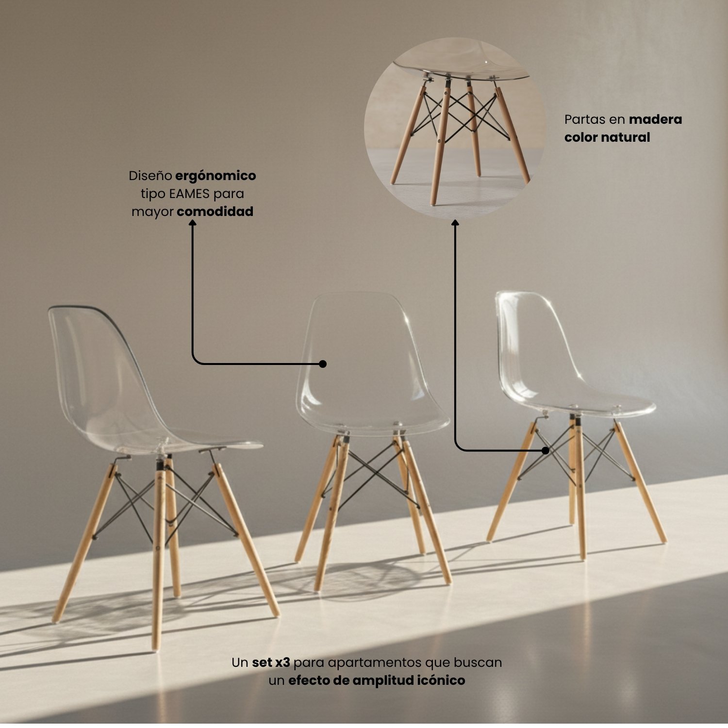 Entre Nos Home Set de 3 Sillas Alma Transparentes | Policarbonato y Madera Arce - Image 3