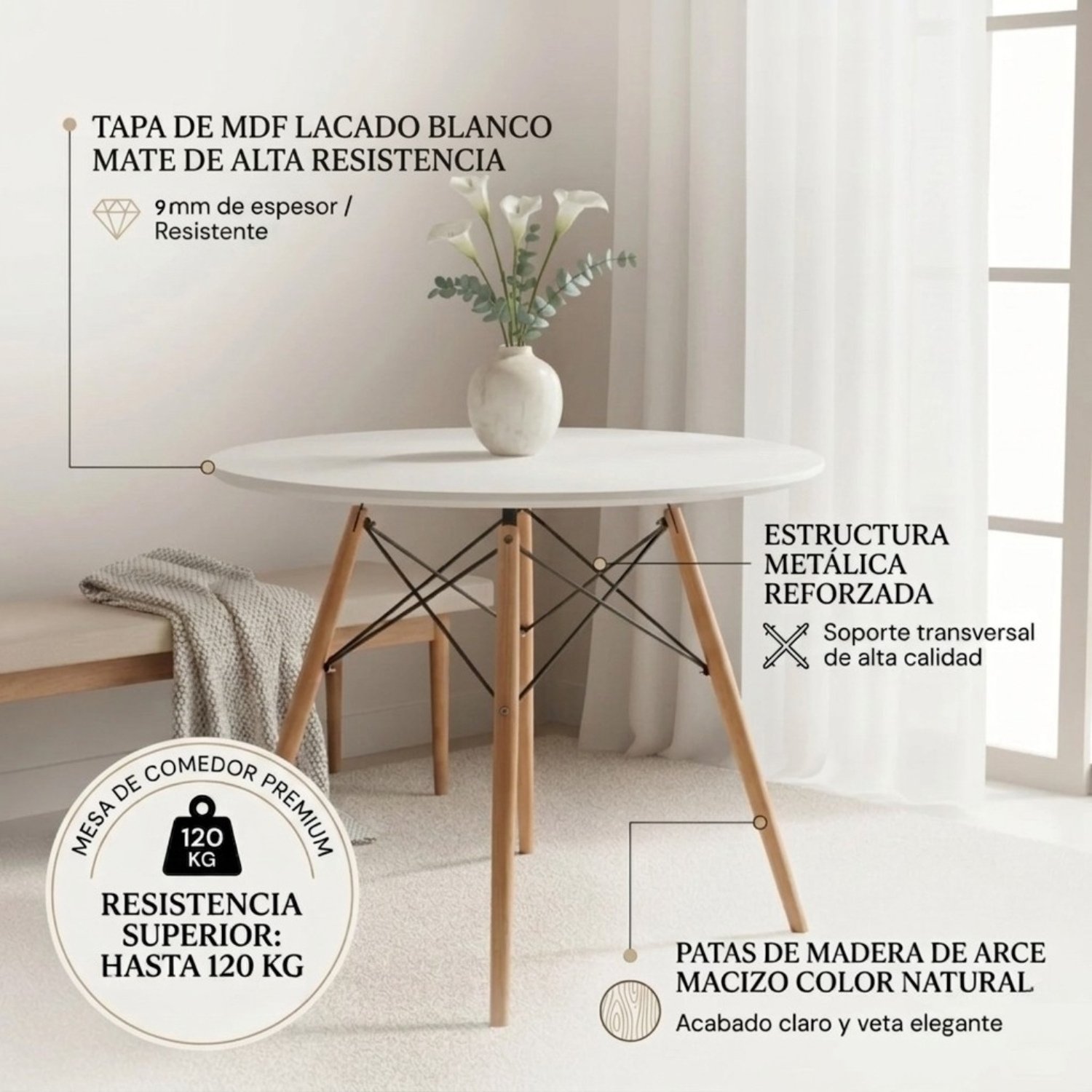 Entre Nos Home Comedor Mariposa 4 Puestos Negro | Mesa Redonda Blanca 90 cm - Image 3