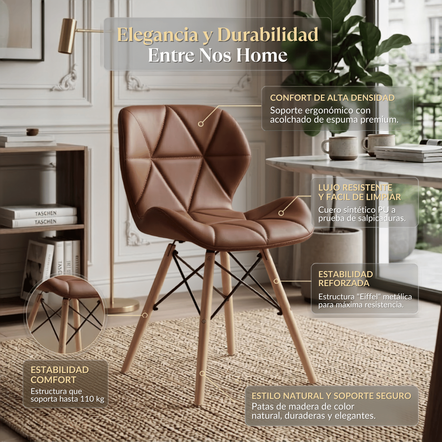 Entre Nos Home Set de 4 Sillas Mariposa Chocolate | Ecocuero y Madera de Arce - Image 6