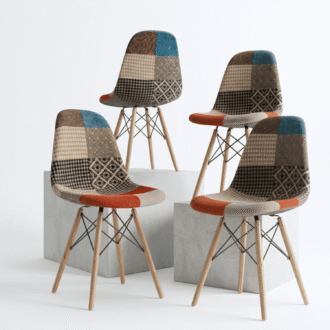Set de 4 Sillas Prisma Patchwork | Tapizado en Lino y Madera Arce