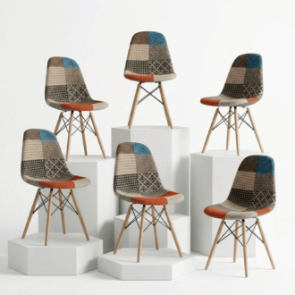 Set de 6 Sillas Prisma Patchwork | Tapizado en Lino y Madera Arce