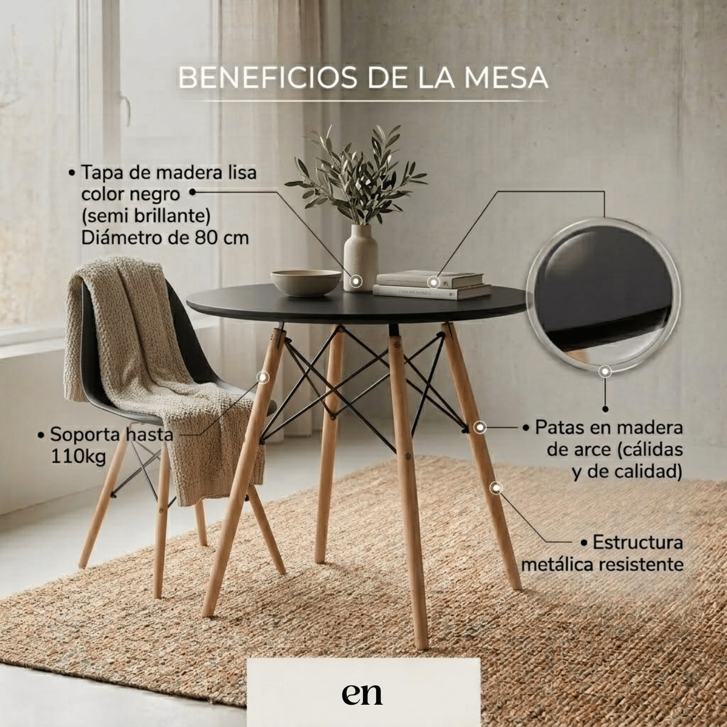Entre Nos Home Mesa Redonda Clásica 80 Negra | Estilo Nórdico y Madera de Arce - Image 4