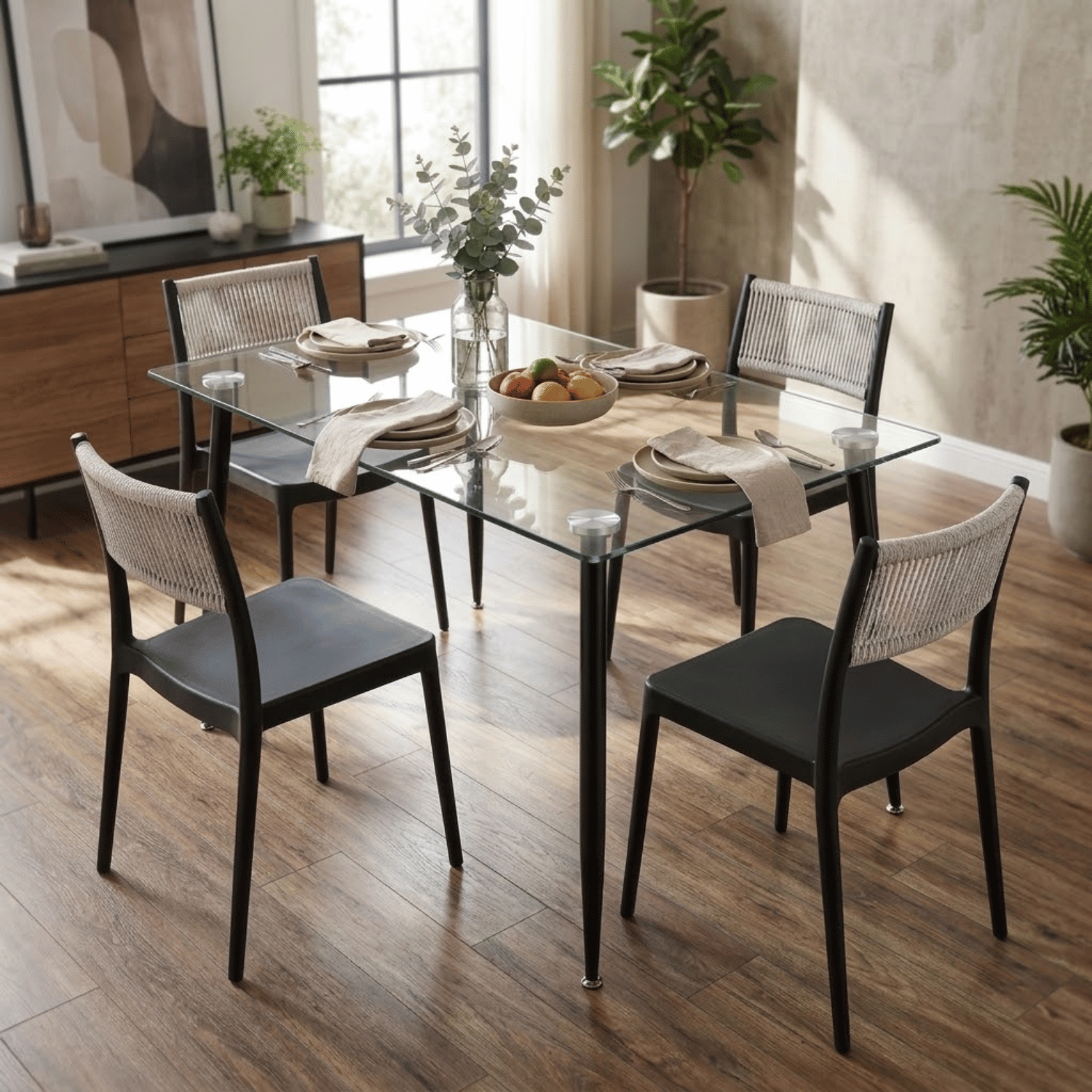 Comedor Venecia 4 Puestos Negro | Mesa Moonlight Vidrio 120 x 80 cm