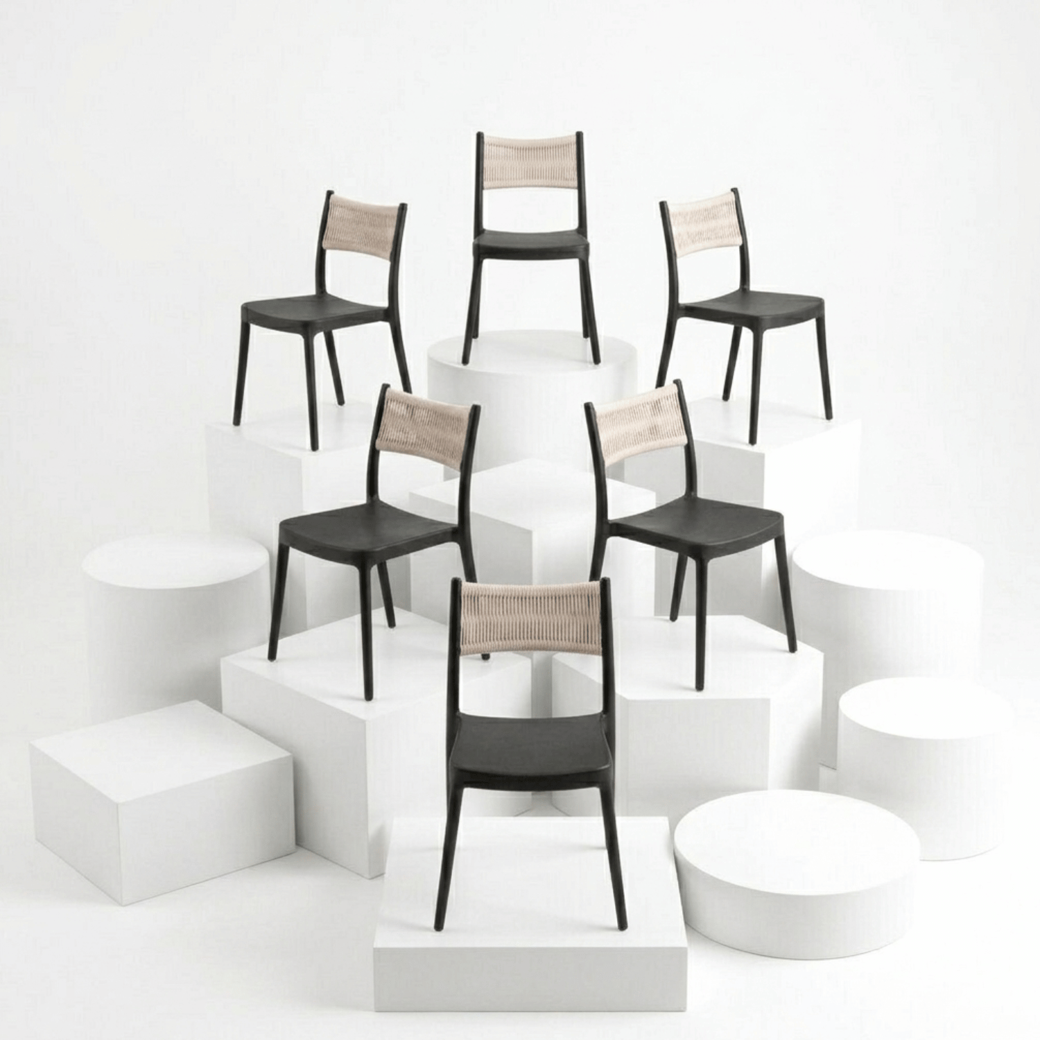 Set de 6 Sillas Venecia Negras | Polipropileno y Mallado Blanco
