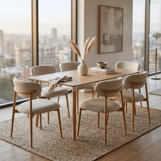 Juego Comedor Pratto 6 Puestos | Mesa 140cm y Sillas con Patas Metal Efecto Madera