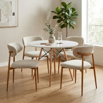 Juego Comedor Pratto 4 Puestos | Mesa Blanca y Sillas con Patas Metal Efecto Madera