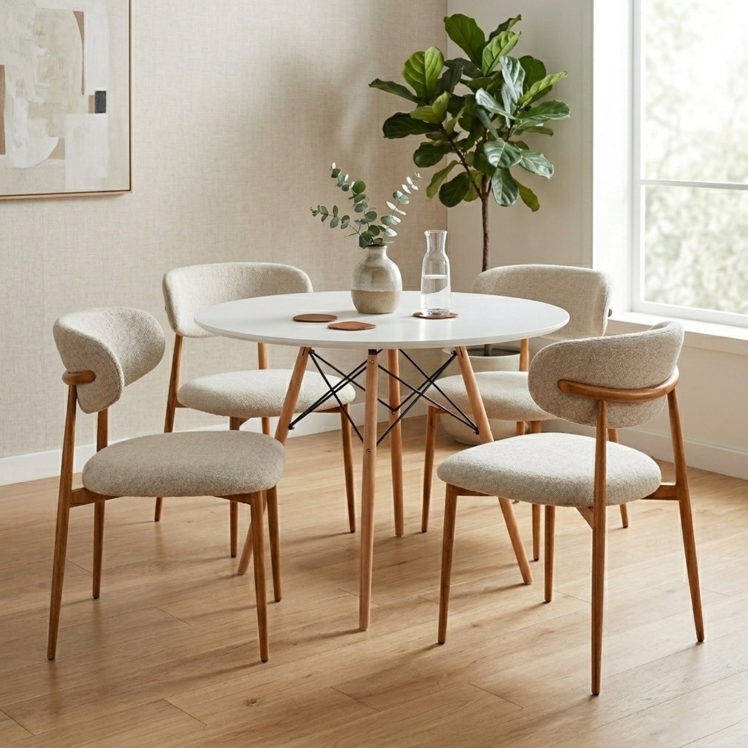 Juego Comedor Pratto 4 Puestos | Mesa Blanca y Sillas con Patas Metal Efecto Madera